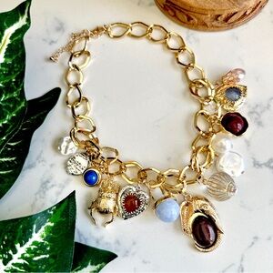 Vintage Style Elephant Bead Charm Big Pearl Necklace Gold Silver Chunky NEW Gift